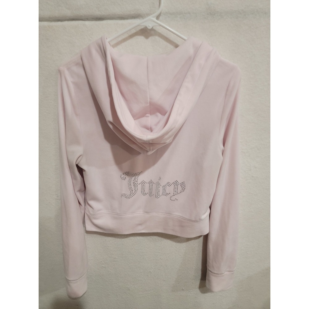 Juicy Couture Women's Medium Pink Velour Crop Zip-Up Hoodie Rhinestone Logo Y2K